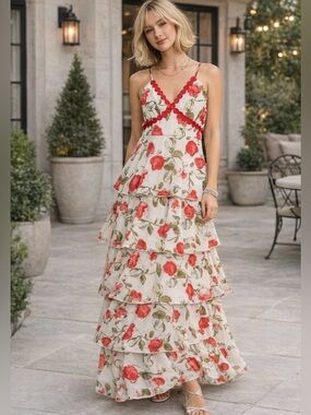 Trindy Clozet Boutique Cream Floral Tiered Maxi Dress with Red Accents